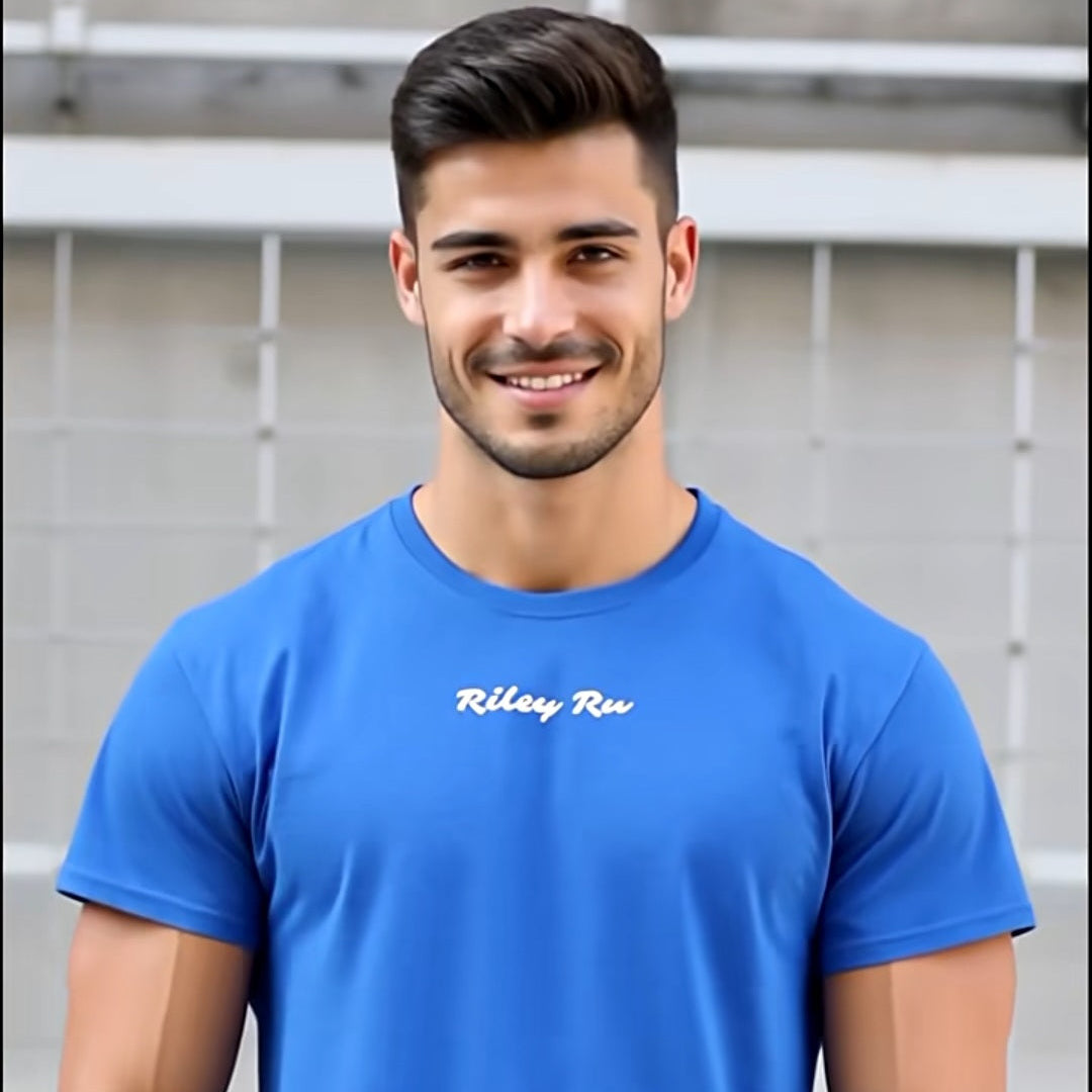 Man wearing a blue t-shirt with 'Riley Run' text against a gray background