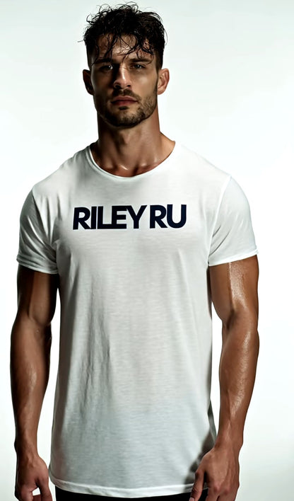Man wearing a white t-shirt with 'RILEY RU' text on a plain background