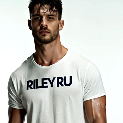 Man wearing a white t-shirt with 'RILEY RU' text on a plain background