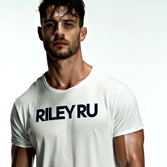 Man wearing a white t-shirt with 'RILEY RU' text on a plain background