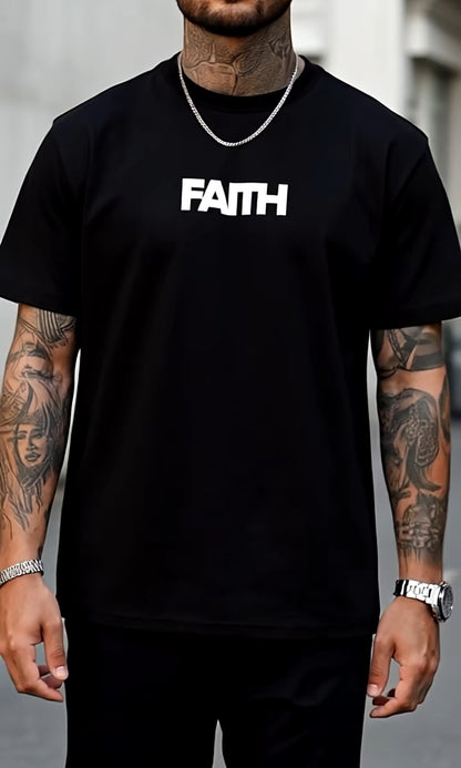 Person wearing a black t-shirt with 'FAITH' printed on it, standing against an urban background.