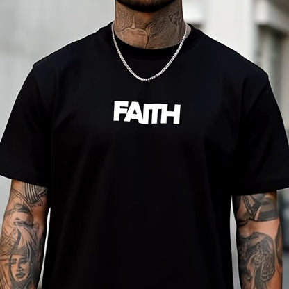 Person wearing a black t-shirt with 'FAITH' printed on it, standing against an urban background.