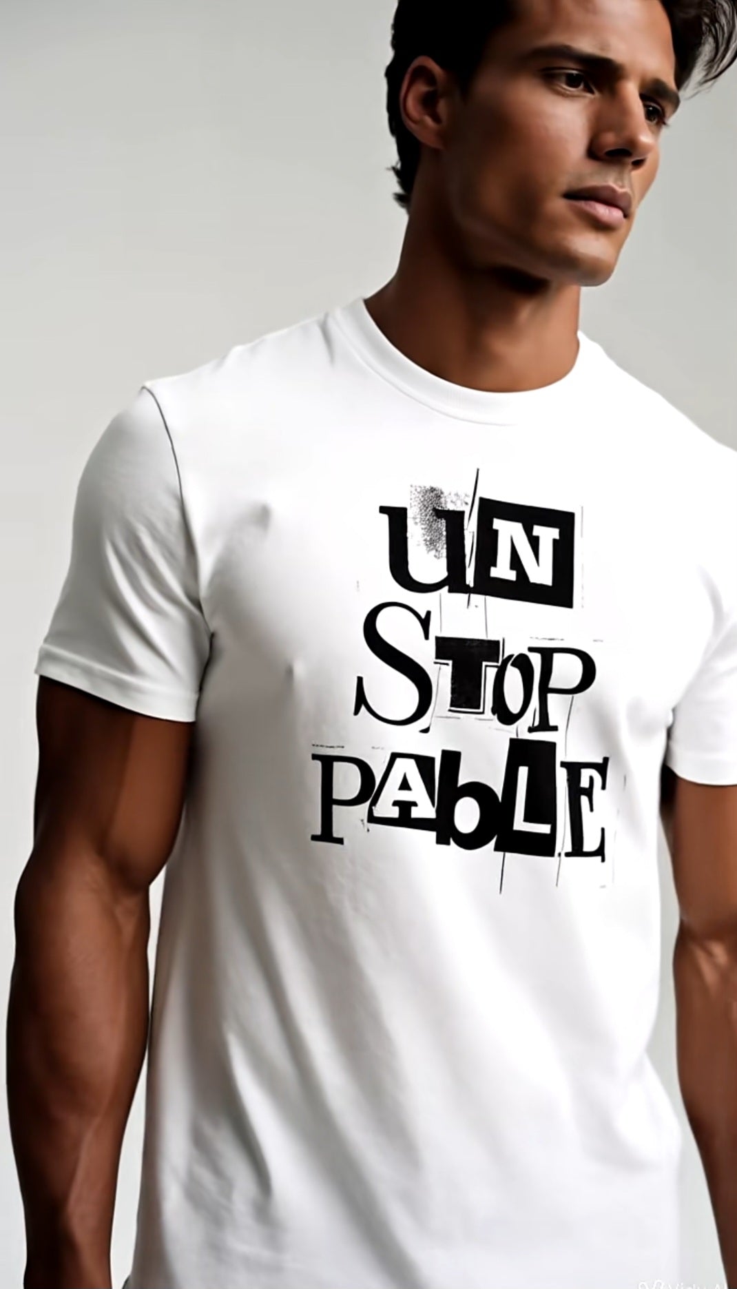 Man wearing a white t-shirt with 'UNSTOPPABLE' text design.