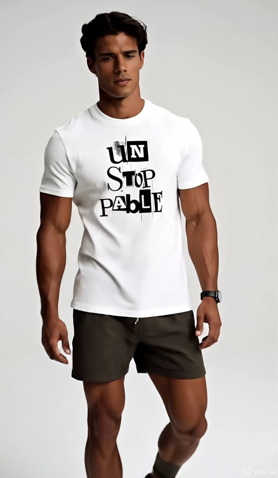 Man wearing a white t-shirt with text and dark shorts on a plain background