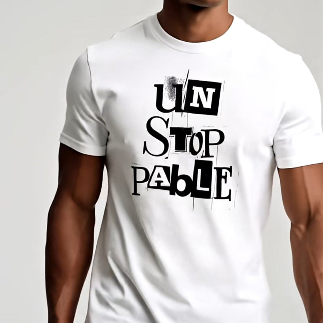 Man wearing a white t-shirt with 'UNSTOPPABLE' text on a plain background