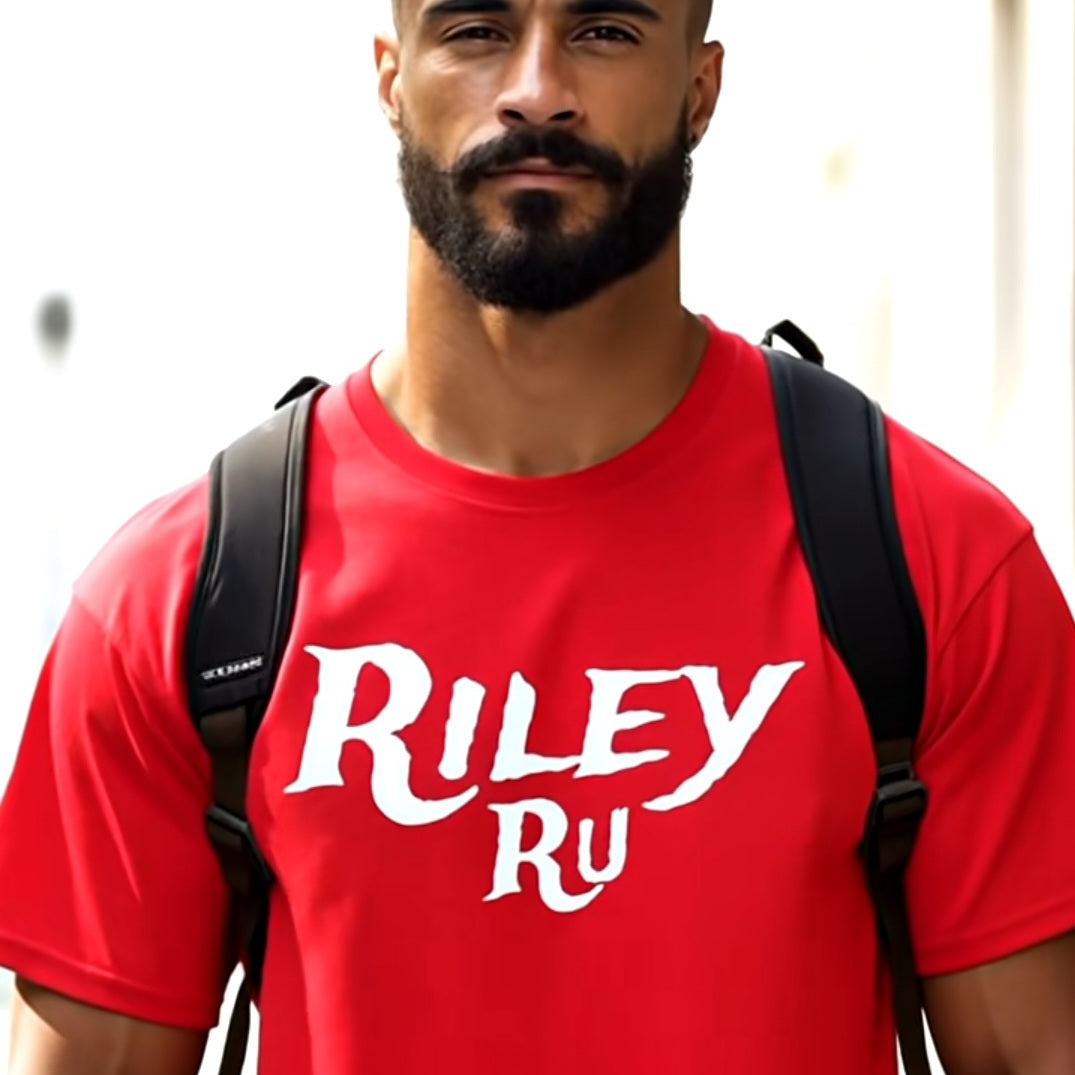 Man wearing a red 'Riley RU' t-shirt with a backpack.