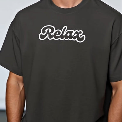 Man wearing a black t-shirt with 'Relax' text on a plain background