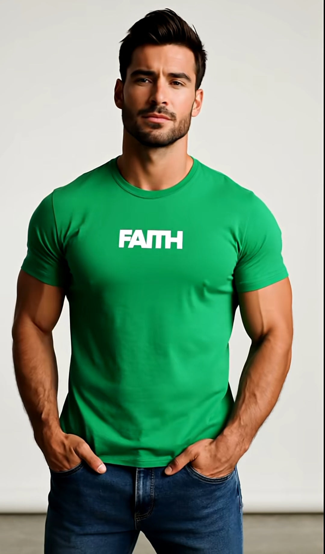 Man wearing a green t-shirt with 'FAITH' printed on it against a plain background