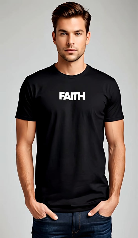 Man wearing a black t-shirt with 'FAITH' printed on it against a gray background