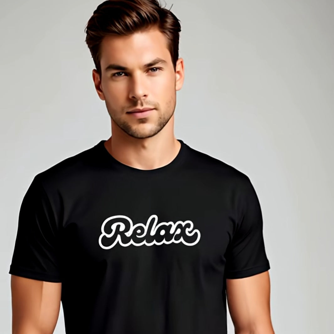 Man wearing a black t-shirt with 'Relax' text on a plain background