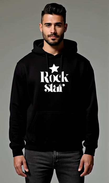 Man wearing a black hoodie with 'Rock Star' text and star graphic on a gray background