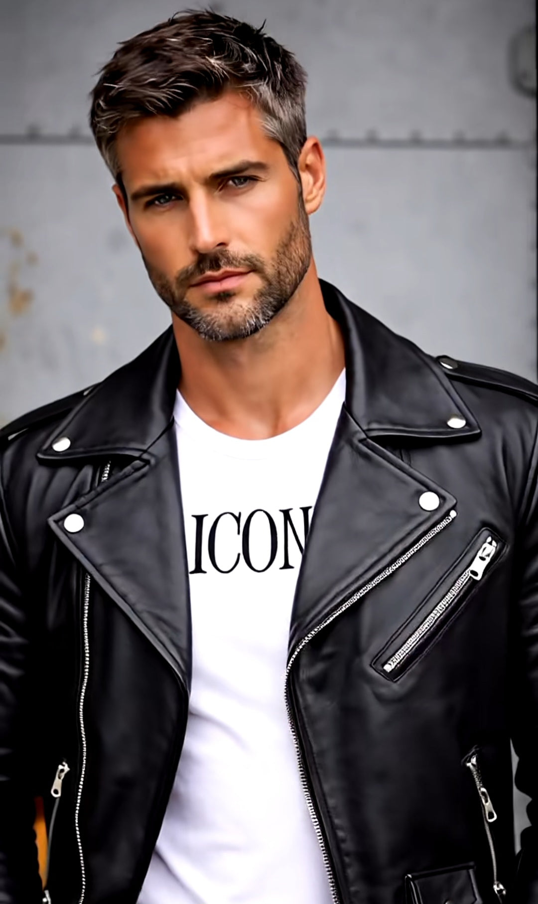Man wearing a black leather jacket over a white t-shirt with 'ICON' text.
