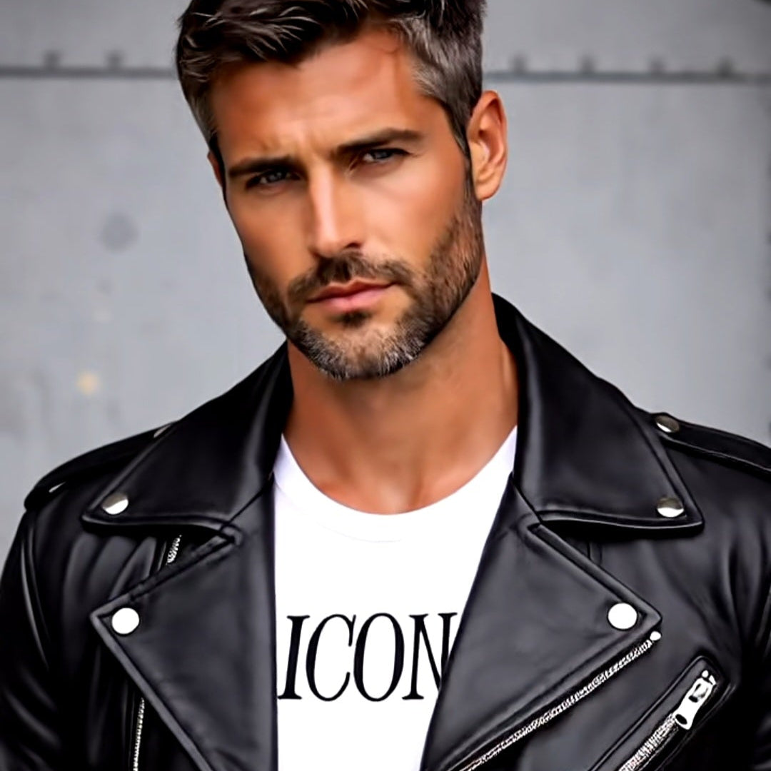 Man wearing a black leather jacket over a white t-shirt with 'ICON' text.