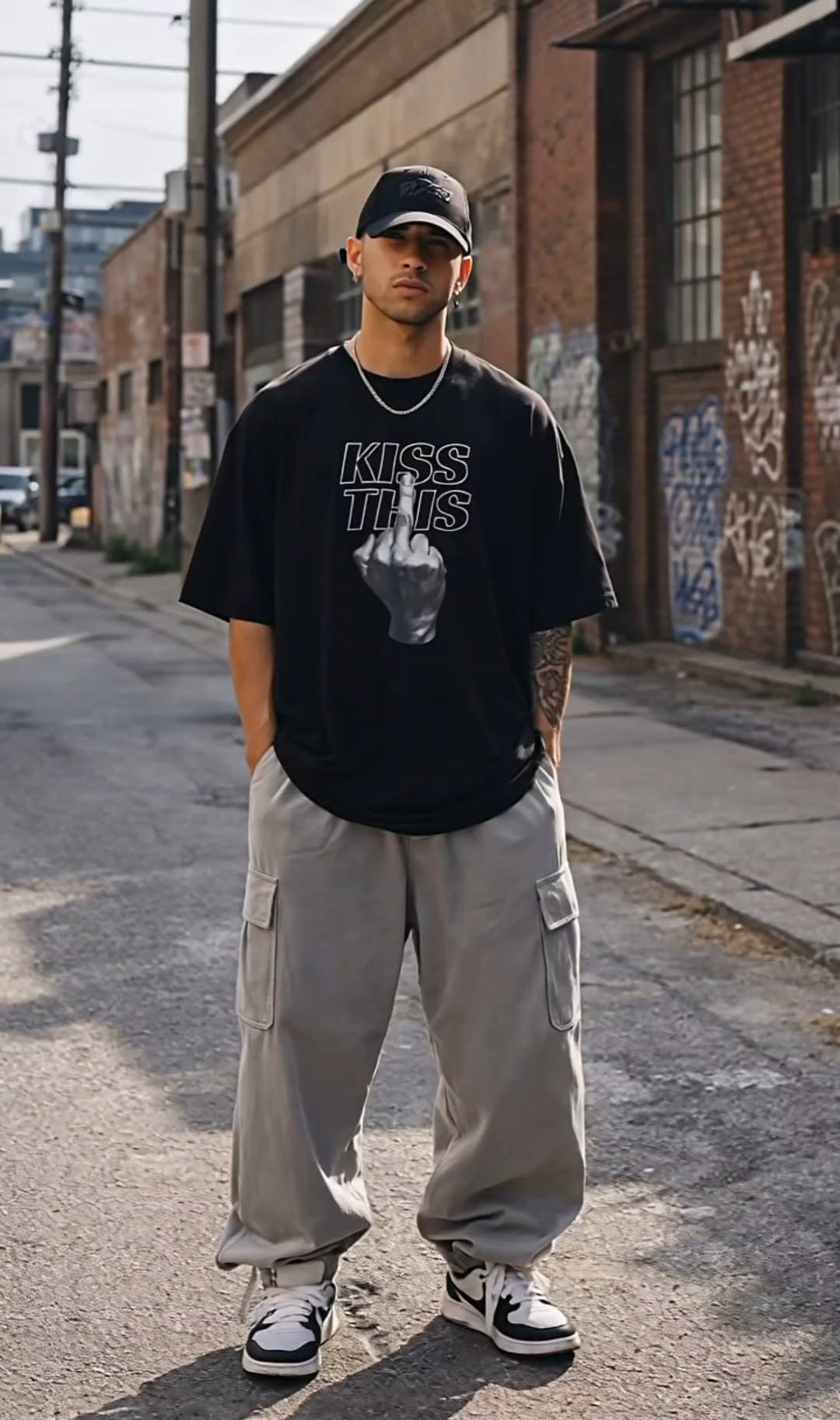 Person wearing a black t-shirt with text and graphics, gray cargo pants, and black sneakers on an urban street.