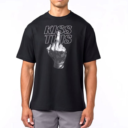 Man wearing a black t-shirt with graphic design and text, standing against a white background