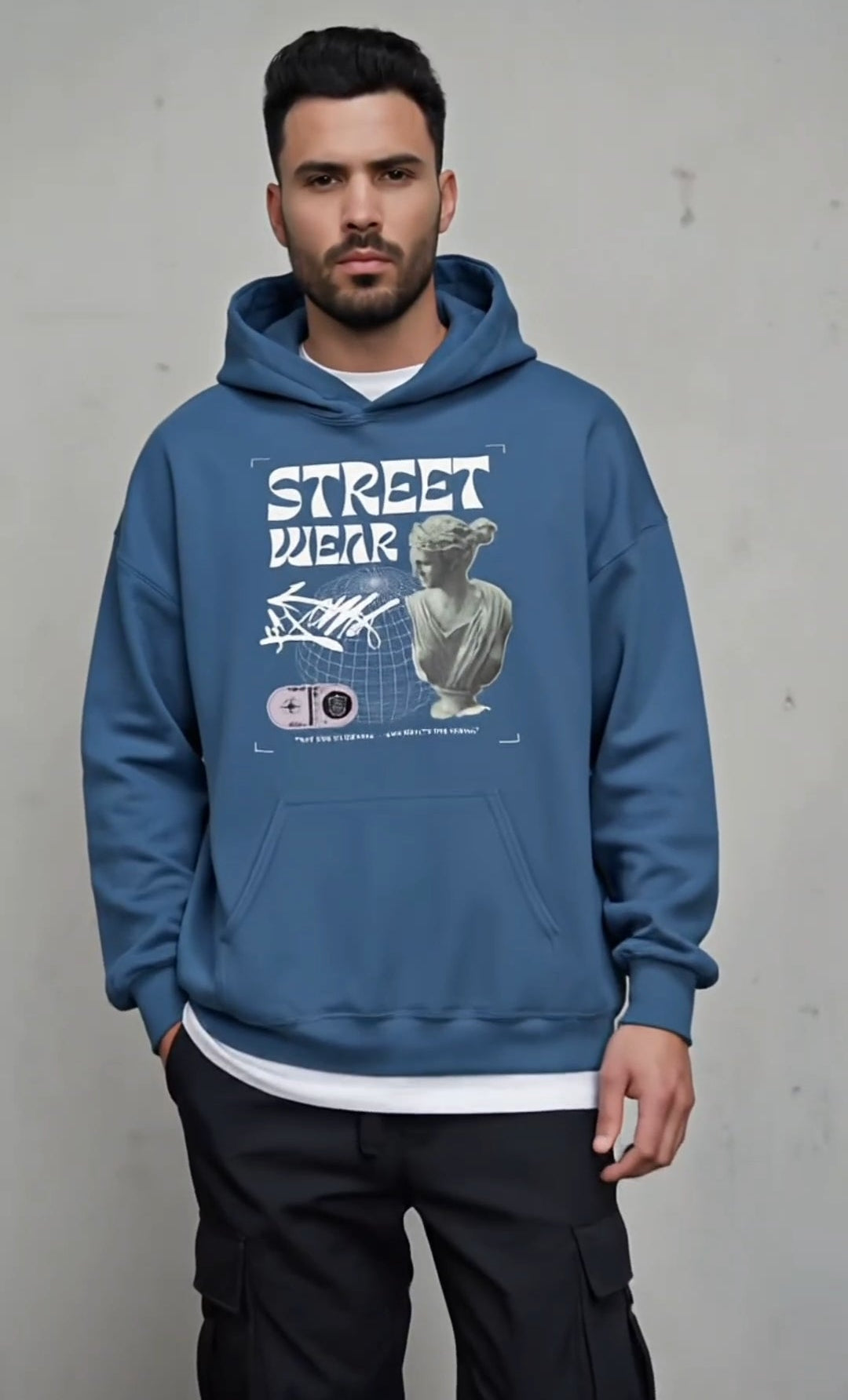 Man wearing a blue hoodie with 'Street Wear' and koala design against a gray background