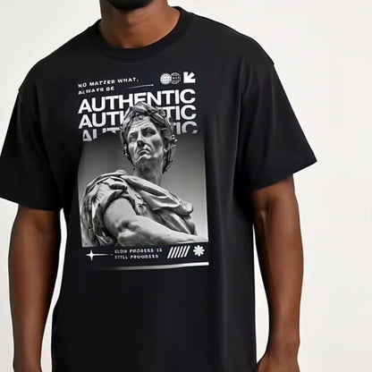 Man wearing a black t-shirt with graphic design on a white background