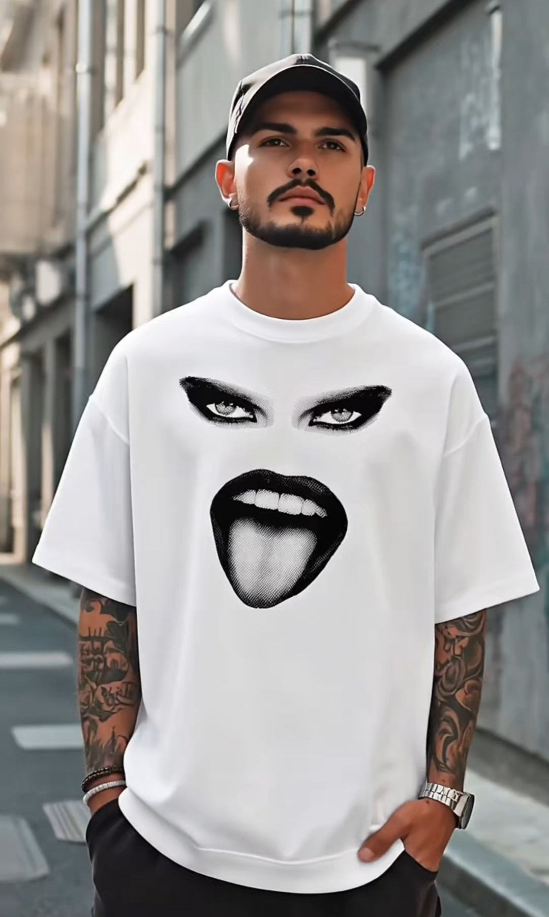 Man wearing a white t-shirt with a graphic design of a face on a street.
