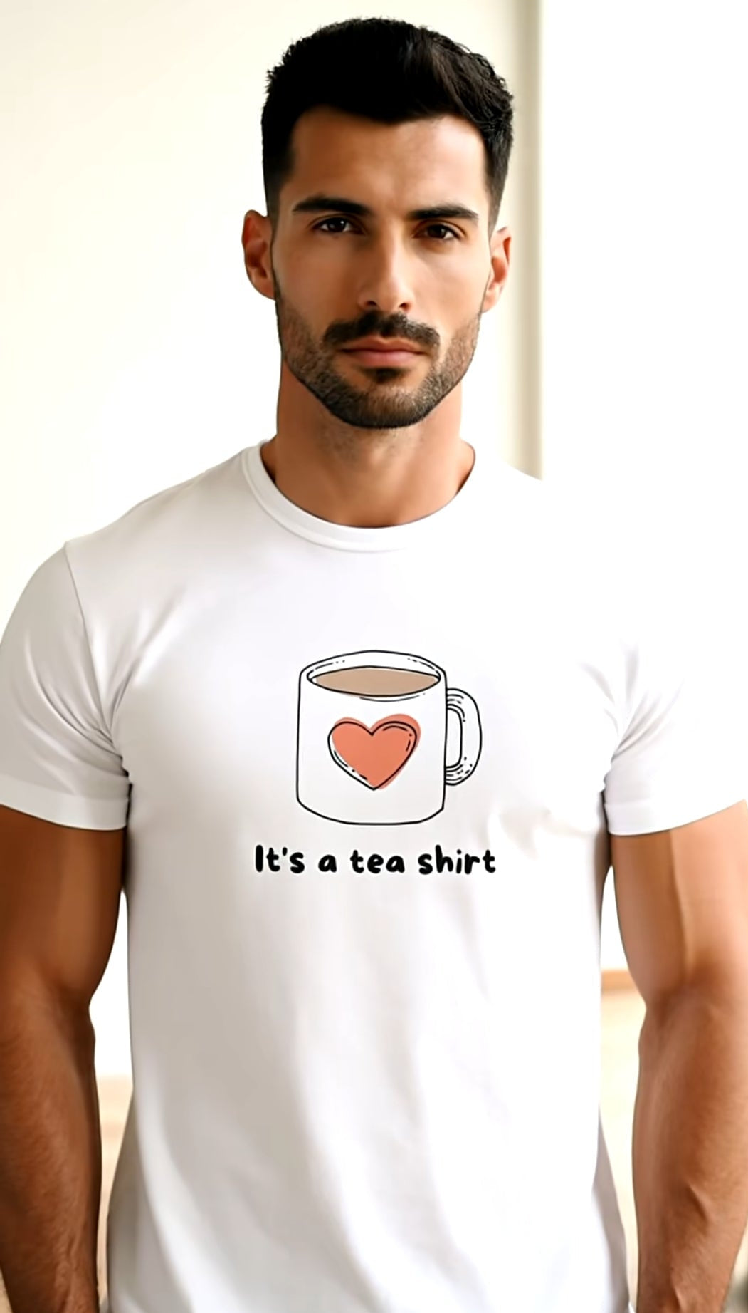 Man wearing a white t-shirt with a graphic of a teacup and heart, text 'It's a tea shirt', on a plain background.