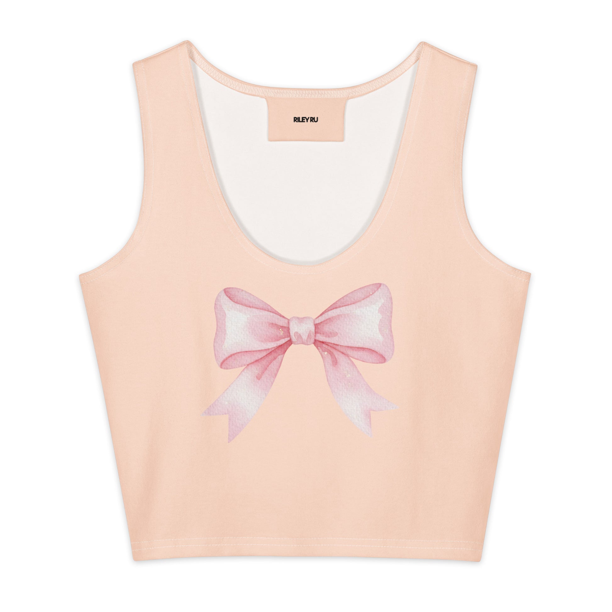 Pink tank top with a large bow design on a white background