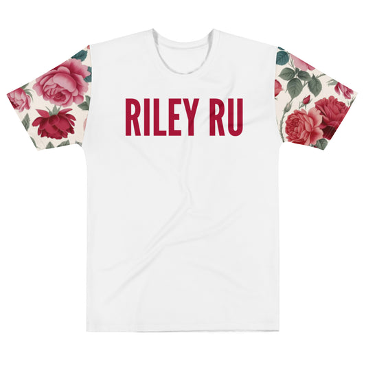 White t-shirt with floral sleeves and 'RILEY RU' text on a white background