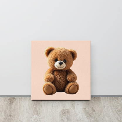 Canvas print of a brown teddy bear on a pink background