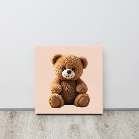 Canvas print of a brown teddy bear on a pink background