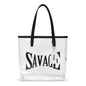 Clear tote bag with black handle and 'SAVAGE' text on a white background