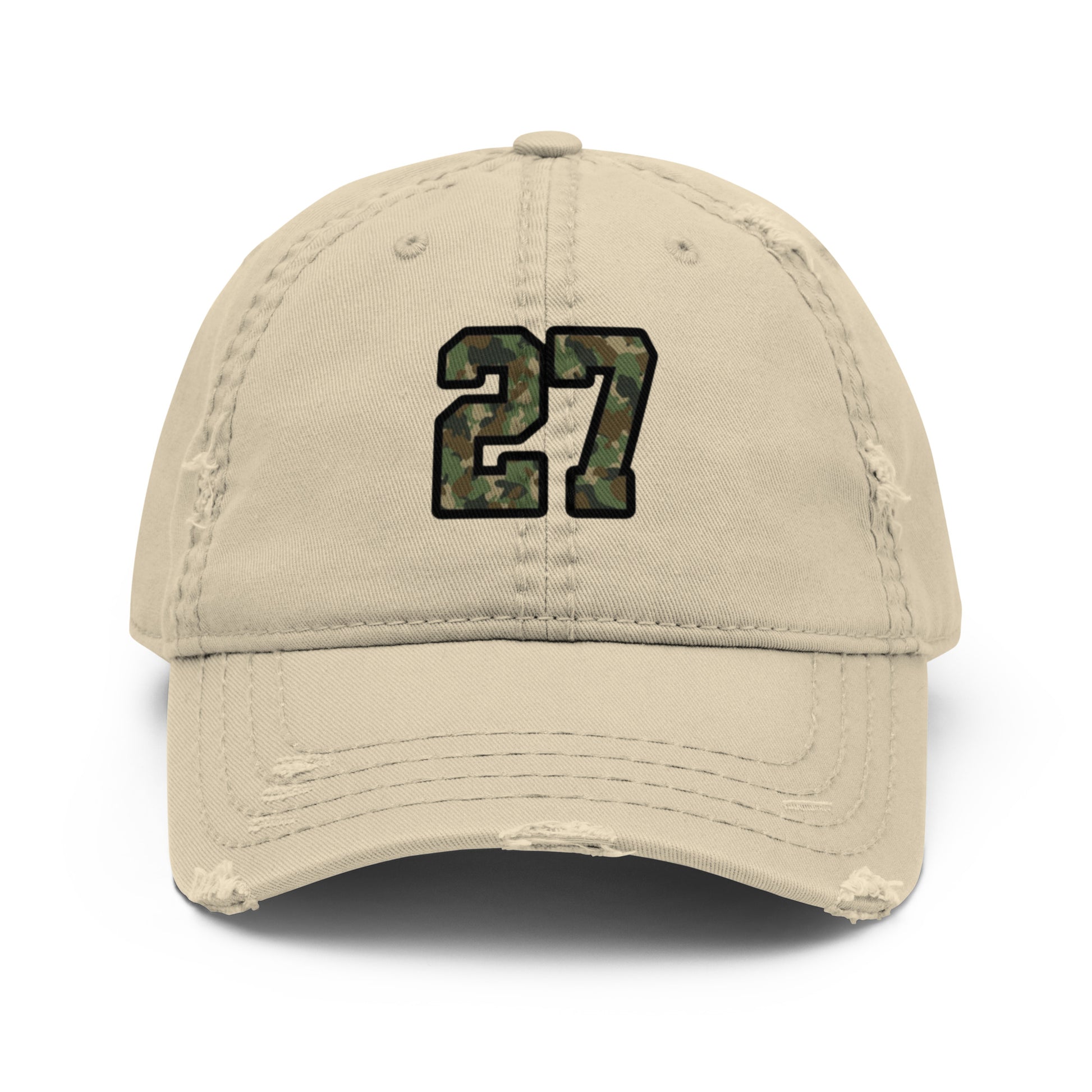 Beige cap with '27' embroidered in camouflage on a white background