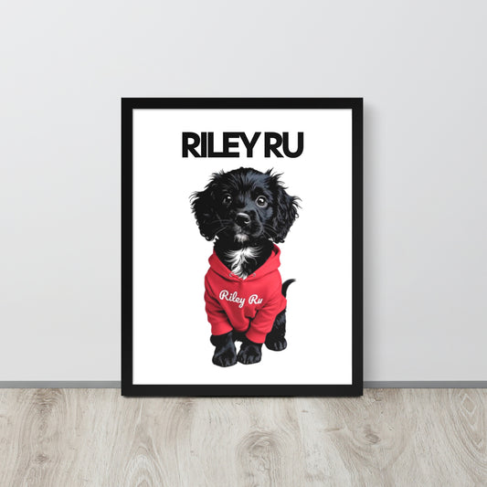 Framed artwork of a dog wearing a red hoodie with 'Riley Ru' text on a white background.