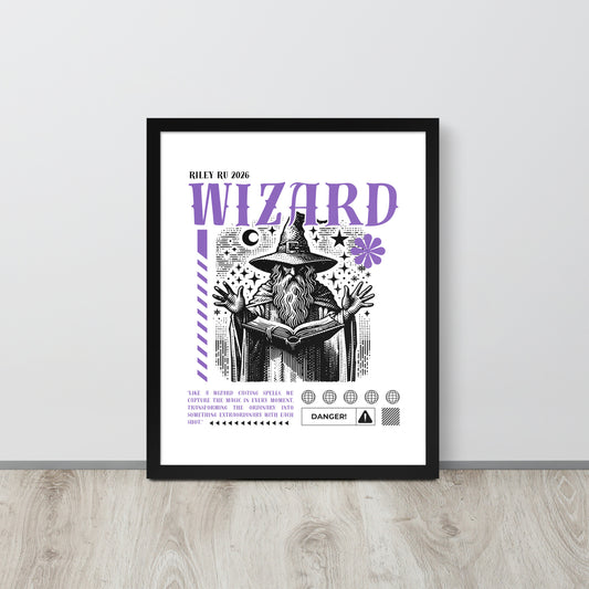 Framed poster with a wizard design on a white wall.
