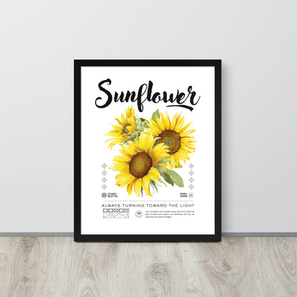 Framed poster with sunflower design and text on a white background