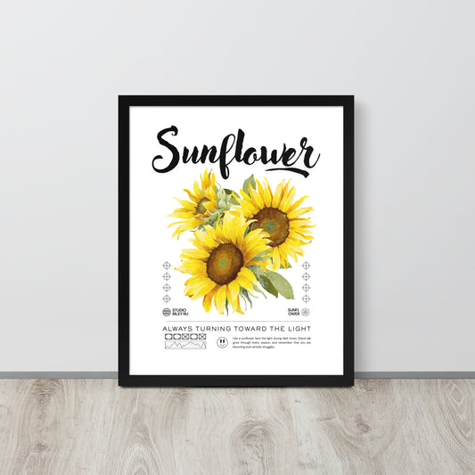 Framed poster with sunflower design and text on a white background