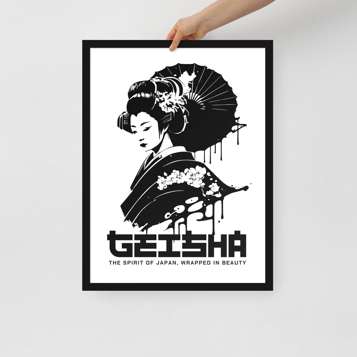 Framed poster of a geisha design with text on a white background