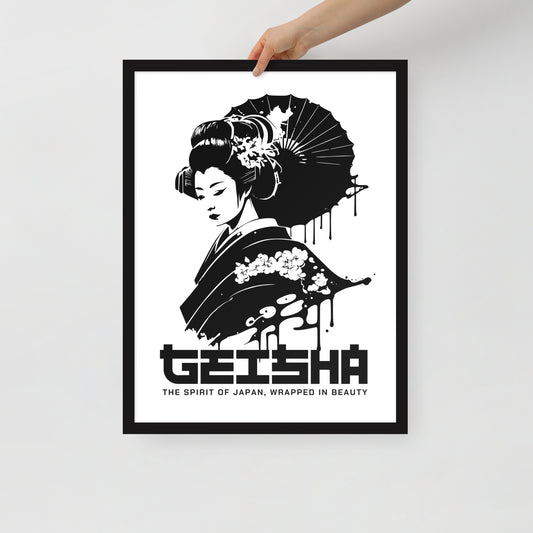 Framed poster of a geisha design with text on a white background