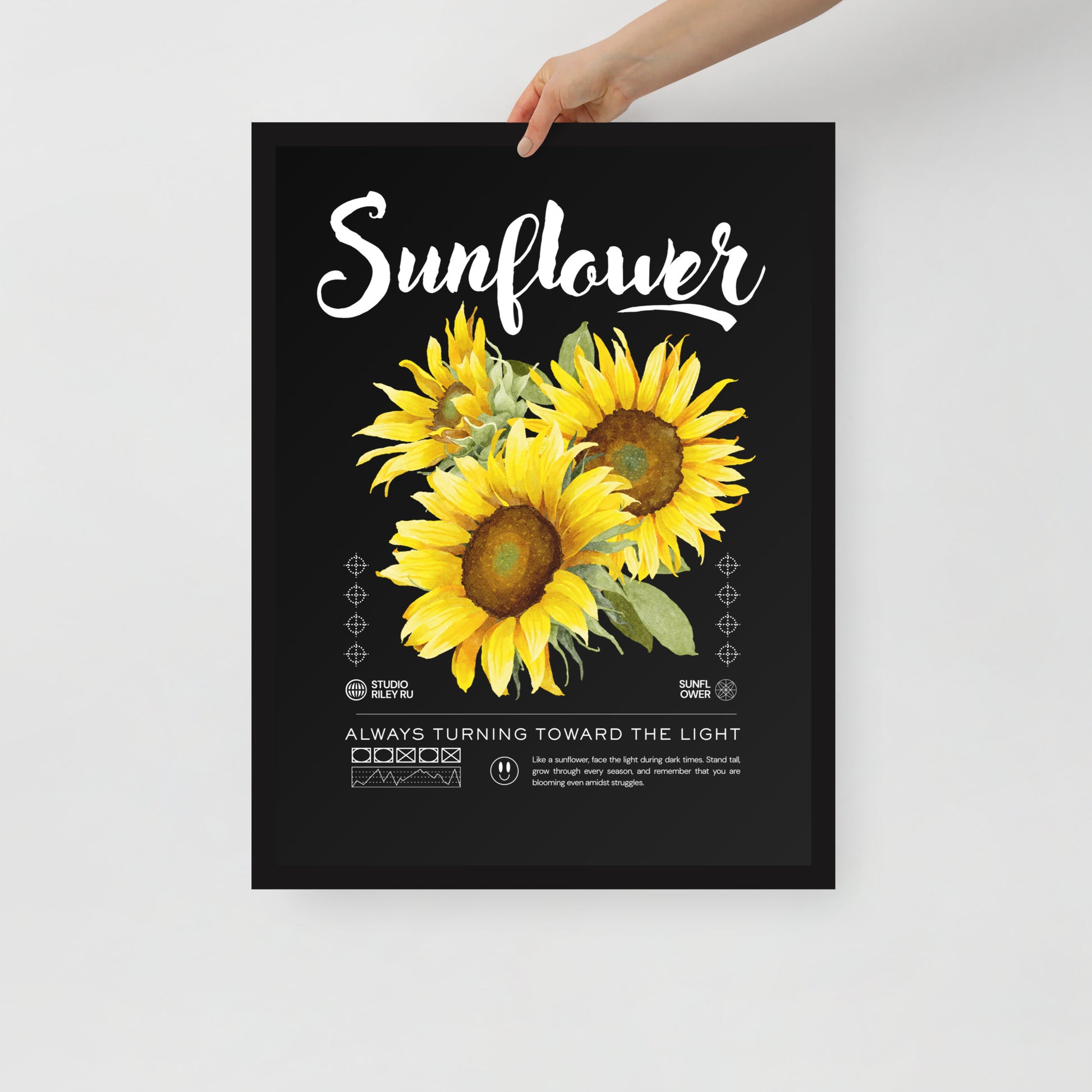 Poster with sunflower design and text on a white background