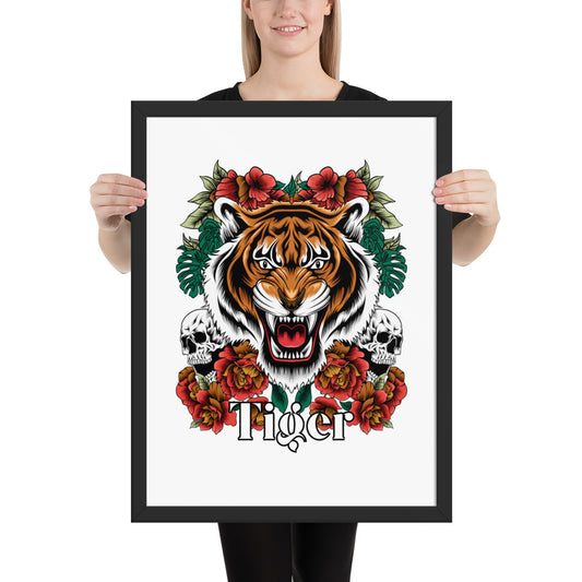 Person holding a framed artwork of a tiger with floral and skull designs.