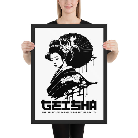 Person holding a framed poster of a geisha design with text 'Geisha' and 'The Spirit of Japan, Wrapped in Beauty'.