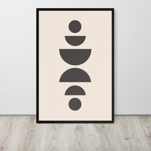 Framed abstract art print with geometric shapes on a beige background
