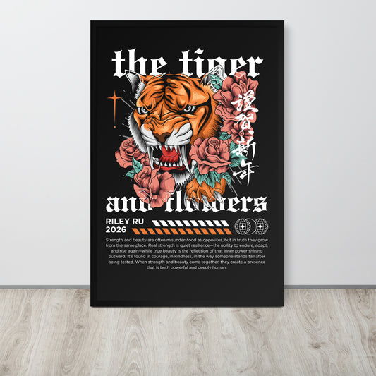 Framed poster with a tiger and floral design on a black background, featuring text and branding.