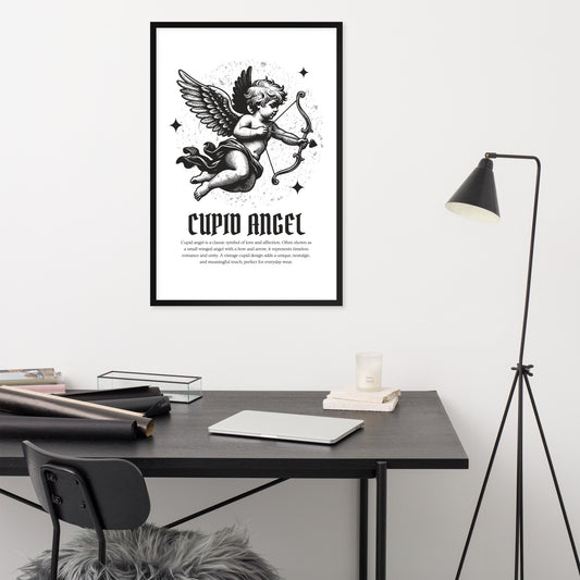 Framed artwork of Cupid Angel on a wall above a desk with office supplies.