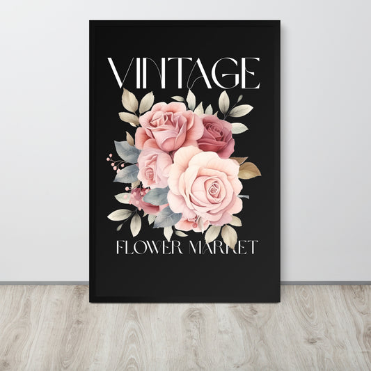 Framed artwork with pink roses and 'Vintage Flower Market' text on a black background.