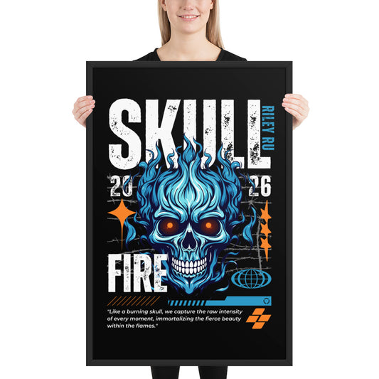 Person holding a framed poster with a blue skull design and text.