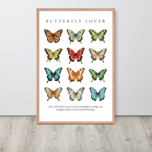 Framed poster with illustrations of butterflies and text on a white background
