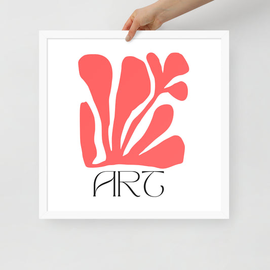 Framed artwork with red abstract design and 'ART' text on a white background