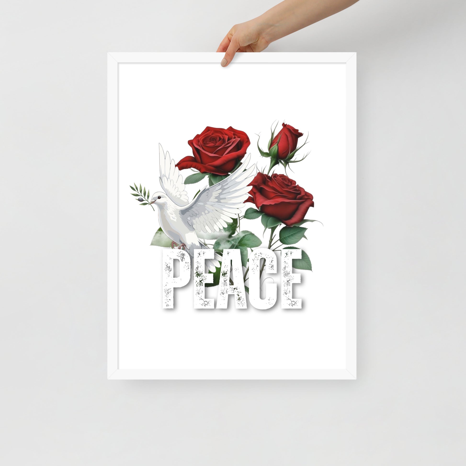 Framed artwork with a white dove and red roses on a white background