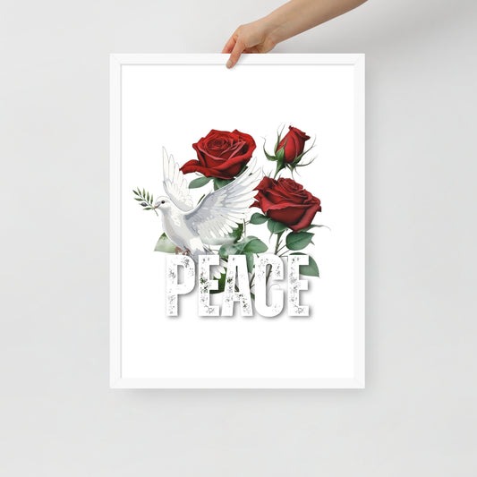 Framed artwork with a white dove and red roses on a white background