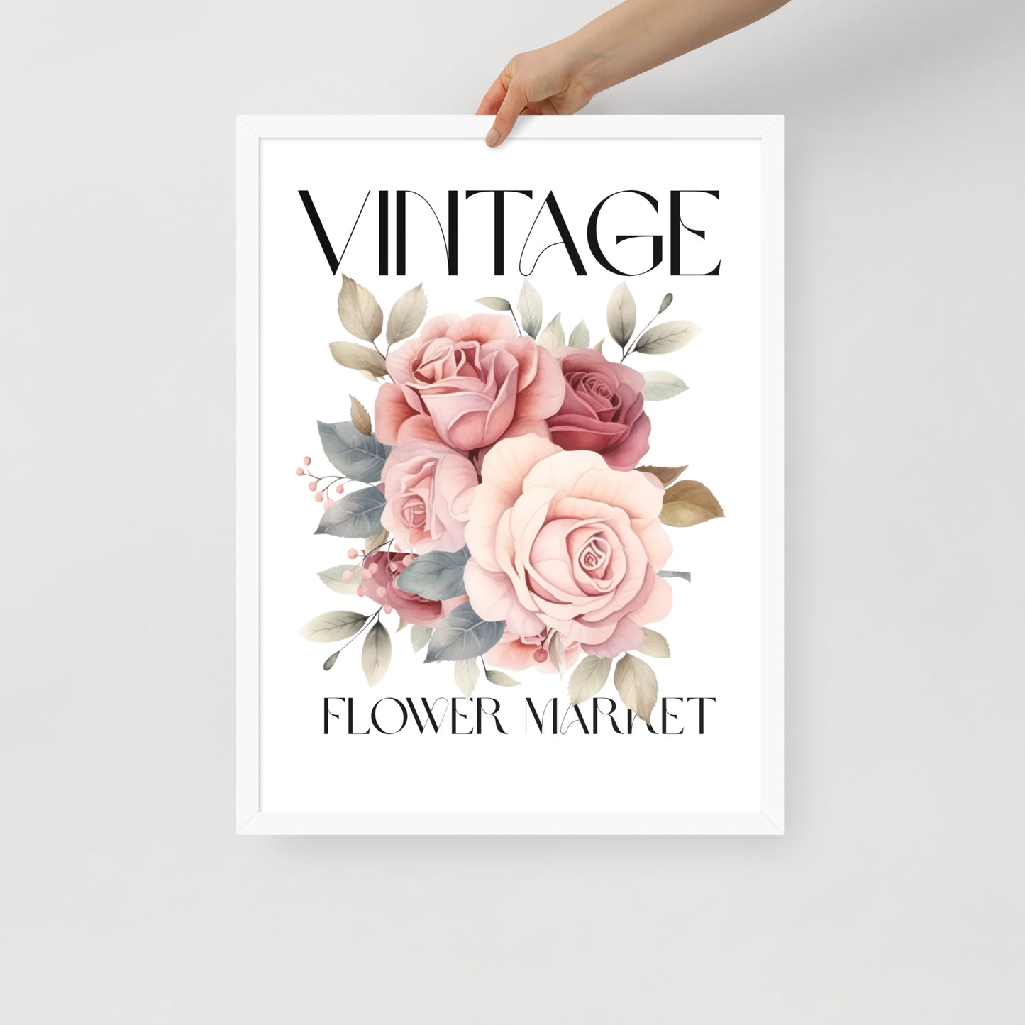 Poster with pink roses and 'Vintage Flower Market' text on a white background
