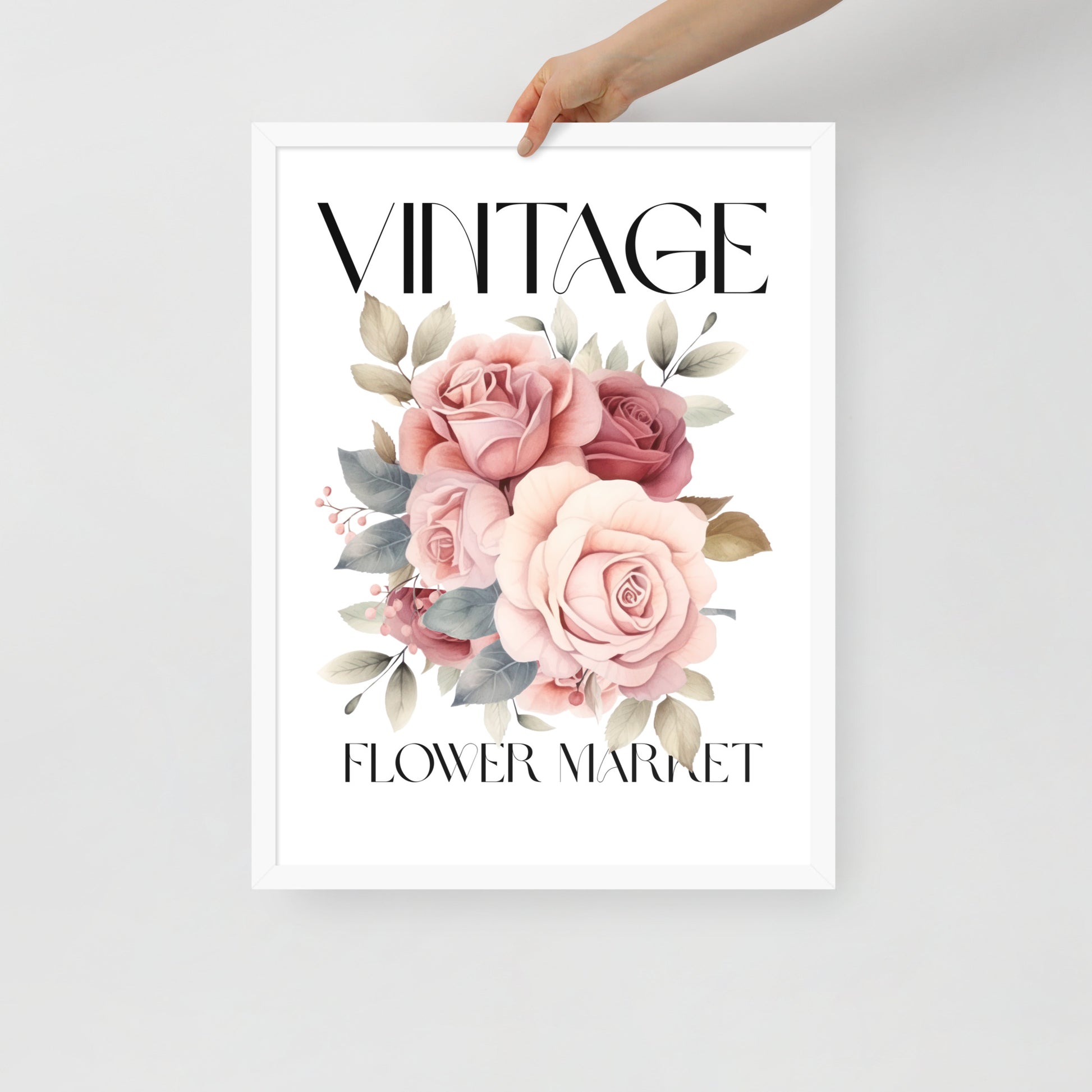 Poster with pink roses and 'Vintage Flower Market' text on a white background