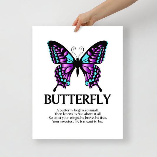 Poster with a butterfly design and motivational quote held by a hand on a white background